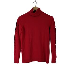 Neiman Marcus Womens Sweater Small Red 100% Cashmere Turtleneck Ruffle Detail